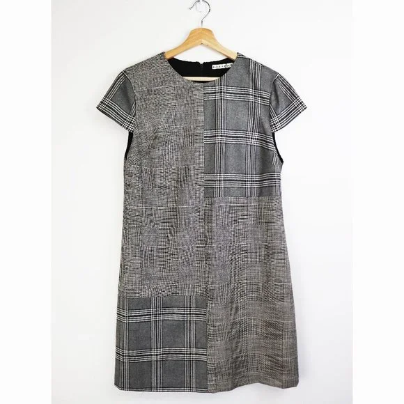 NWT Alice + Olivia Coley Plaid Dress Contrast Print Short Sleeve Black White 10 - Picture 5 of 9